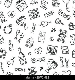 Black and white seamless pattern with doodle Valentine s day icons. Stock Vector