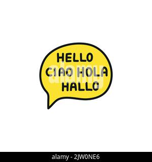 Doodle colored speech bubble with hello in four languages isolated on white background. Stock Vector
