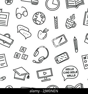 Black and white seamless pattern with doodle outline language courses icons. Stock Vector