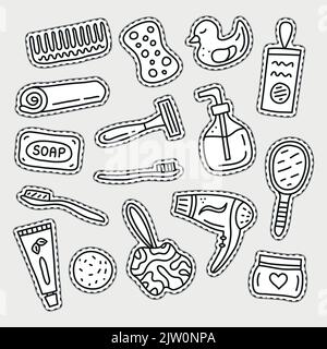 Set of doodle uncolored bathroom and hygiene stickers isolated on grey background. Stock Vector