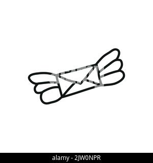 Doodle outline flying envelope with wings isolated on white background. Stock Vector