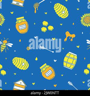Colorful seamless pattern with cute honey doodles. Stock Vector