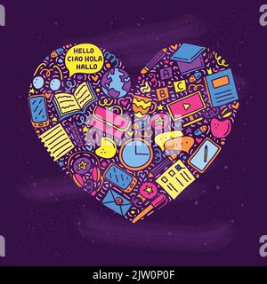 Doodle colorful language courses icons with lines, symbols composed in heart shape. Stock Vector