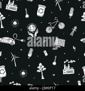 Black and white seamless pattern with doodle ecology and environment icons. Stock Vector