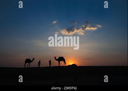 Silhouette of two cameleers and their camels at sand dunes of Thar desert, Rajasthan, India. Cloud with setting sun, sky in the background. Stock Photo