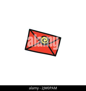 Doodle colored envelope with stamp wax isolated on white background. Stock Vector
