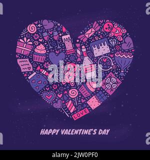 Colored doodle Valentine s day icons composed in heart shape. Stock Vector