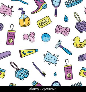 Seamless pattern with doodle colored bathroom and hygiene icons. Stock Vector