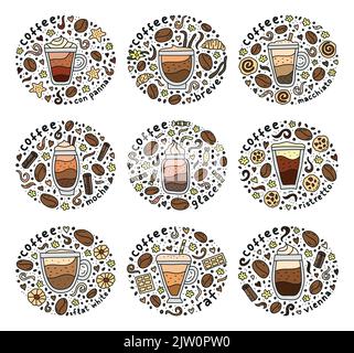 Set of cute compositions with doodle colored coffee drinks, lettering and other elements isolated on white background. Stock Vector
