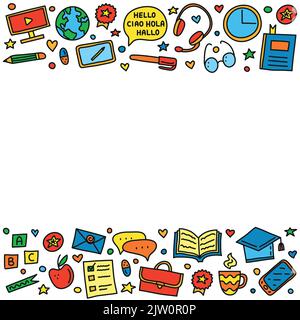 Poster with doodle colored language courses icons, symbols around. Stock Vector