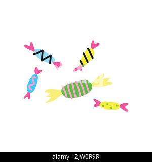 Doodle colorful candies with wrappers isolated on white background. Stock Vector