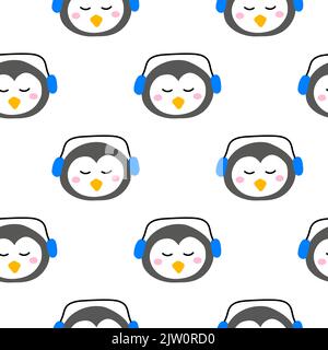 Seamless pattern with doodle colorful penguin faces. Stock Vector