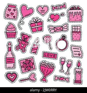 Set of pink doodle stickers or patches for Valentine s day isolated on grey background. Stock Vector