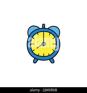 Doodle colored alarm clock isolated on white background. Stock Vector