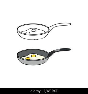 Doodle outline and colored fried eggs in a pan isolated on white background. Stock Vector