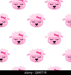 Seamless pattern with doodle pink sheep faces. Stock Vector