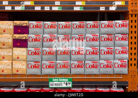 Victorville, CA, USA – September 2, 2022: Twelve pack boxes of Diet Coke soda cans on a store shelf at Winco supermarket in Victorville, California. Stock Photo