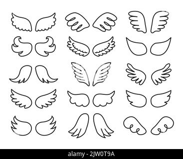 Set of different doodle outline angel wings isolated on white ...