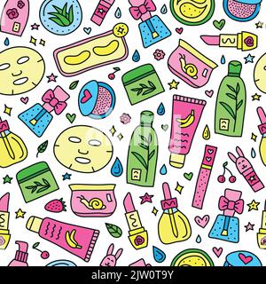 Seamless pattern with cute doodle colorful asian cosmetics. Stock Vector