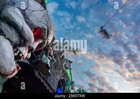 Wien, Vienna: Prater amusement park (Wurstelprater), figures at Geisterschloss ghost train ride, Tornado swing in 02. Leopoldstadt, Wien, Austria Stock Photo