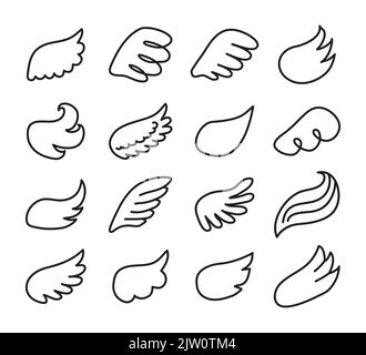 Set of different doodle outline angel wings isolated on white ...