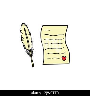 Doodle colored love message or note with feather isolated on white background. Stock Vector