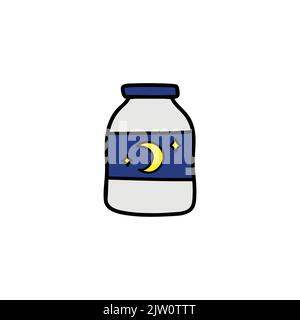 Doodle colored sleepping pills in bottle isolated on white background. Stock Vector