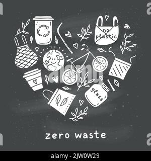 Doodle ecological icons composed in heart shape. Zero waste life concept. Stock Vector