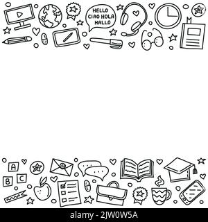 Poster with doodle outline language courses icons, symbols around. Stock Vector