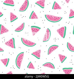 Cute seamless pattern with colorful doodle watermelon slices and seeds. Stock Vector
