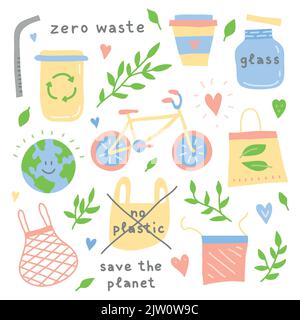 Set of doodle colored ecological icons isolated on white background. Zero waste life concept. Stock Vector