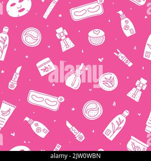 Pink seamless pattern with cute doodle asian cosmetics. Stock Vector