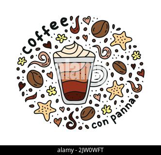 Poster with cute doodle con panna coffee drink and beans, cookies, spices, dots around. Stock Vector