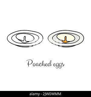 Hand drawn outline and colored poached egg isolated on white background. Stock Vector