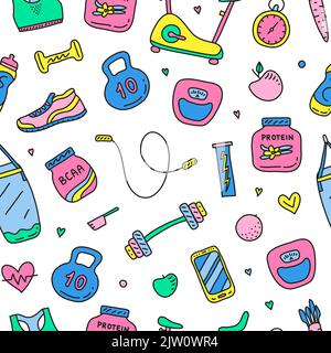 Seamless pattern with colored doodle gym and fitness icons. Stock Vector