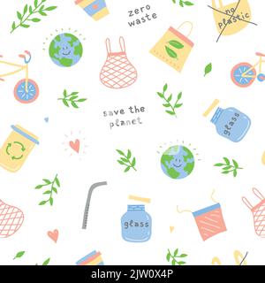 Seamless pattern with doodle colored ecological icons. Zero waste life concept. Stock Vector