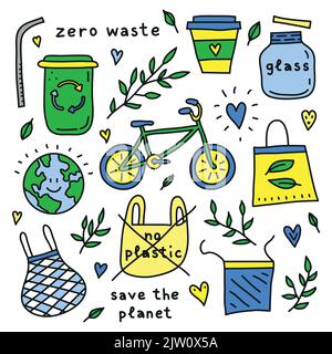 Set of doodle colored ecological icons isolated on white background. Zero waste life concept. Stock Vector