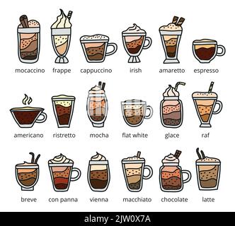 Different colored doodle types of coffee drinks with names isolated on white background. Stock Vector