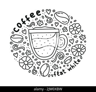 Poster with cute doodle flat white coffee drink and beans, cookies, spices, dots around. Stock Vector