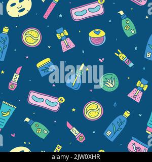 Seamless pattern with cute doodle colorful asian cosmetics. Stock Vector