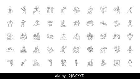 Active people concept illustration, linear icons, line signs set, vector collection Stock Vector