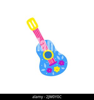 Doodle colorful classic guitar with flowers isolated on white background. Stock Vector