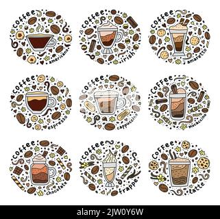 Set of cute compositions with doodle colored coffee drinks, lettering and other elements isolated on white background. Stock Vector