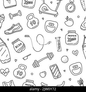 Black and white seamless pattern with outline doodle gym and fitness icons. Stock Vector