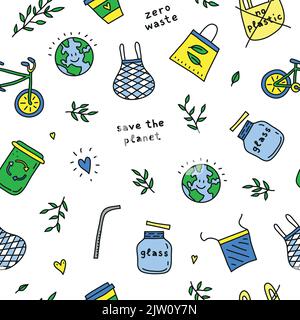Seamless pattern with doodle colored ecological icons. Zero waste life concept. Stock Vector