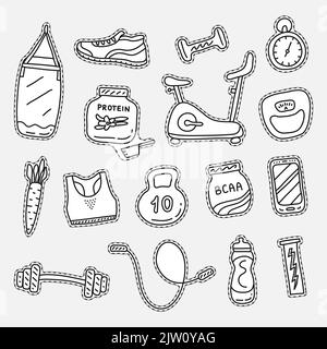 Set of uncolored sport doodle stickers isolated on grey background ...