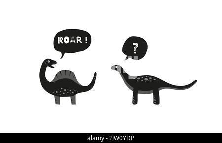 Funny talking dinosaurs. Doodle illustration in scandinavian style. Stock Vector