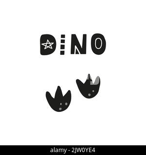 Scandinavian lettering dino and footprints isolated on white background. Stock Vector