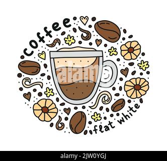 Poster with cute doodle flat white coffee drink and beans, cookies, spices, dots around. Stock Vector