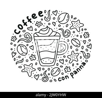 Poster with cute doodle con panna coffee drink and beans, cookies, spices, dots around. Stock Vector